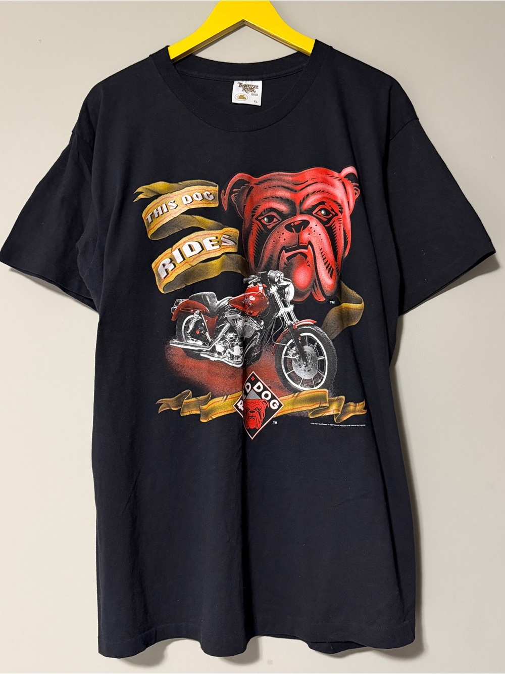 Vintage 90s Red Dog Tennessee River Gold black biker tee Size XL